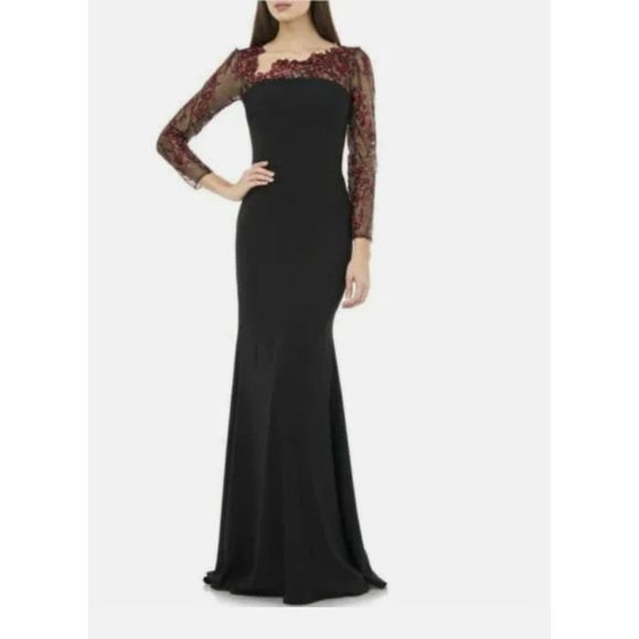 CARMEN MARC VALVO INFUSION Crepe Long Gown Black burgundy 6 - Picture 1 of 11